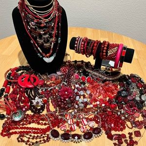 Huge Costume Jewelry Lot- mostly reds, vintage to modern, most wearable